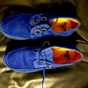 Bright blue suede Fluevog shoes